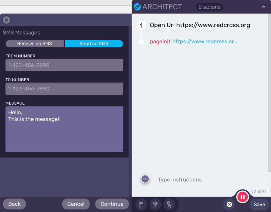 Architect can send SMS text messages to specific phone numbers